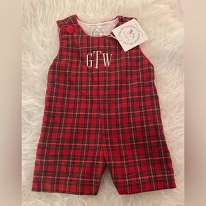New with Tag Red Plaid Monogram JonJon, 12 mos